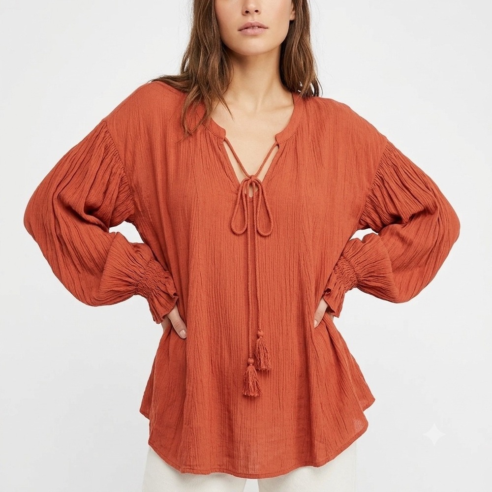 Free People‎ Rust Orange Gauze Boho Tassel Tie Balloon Sleeve Blouse Size Small
